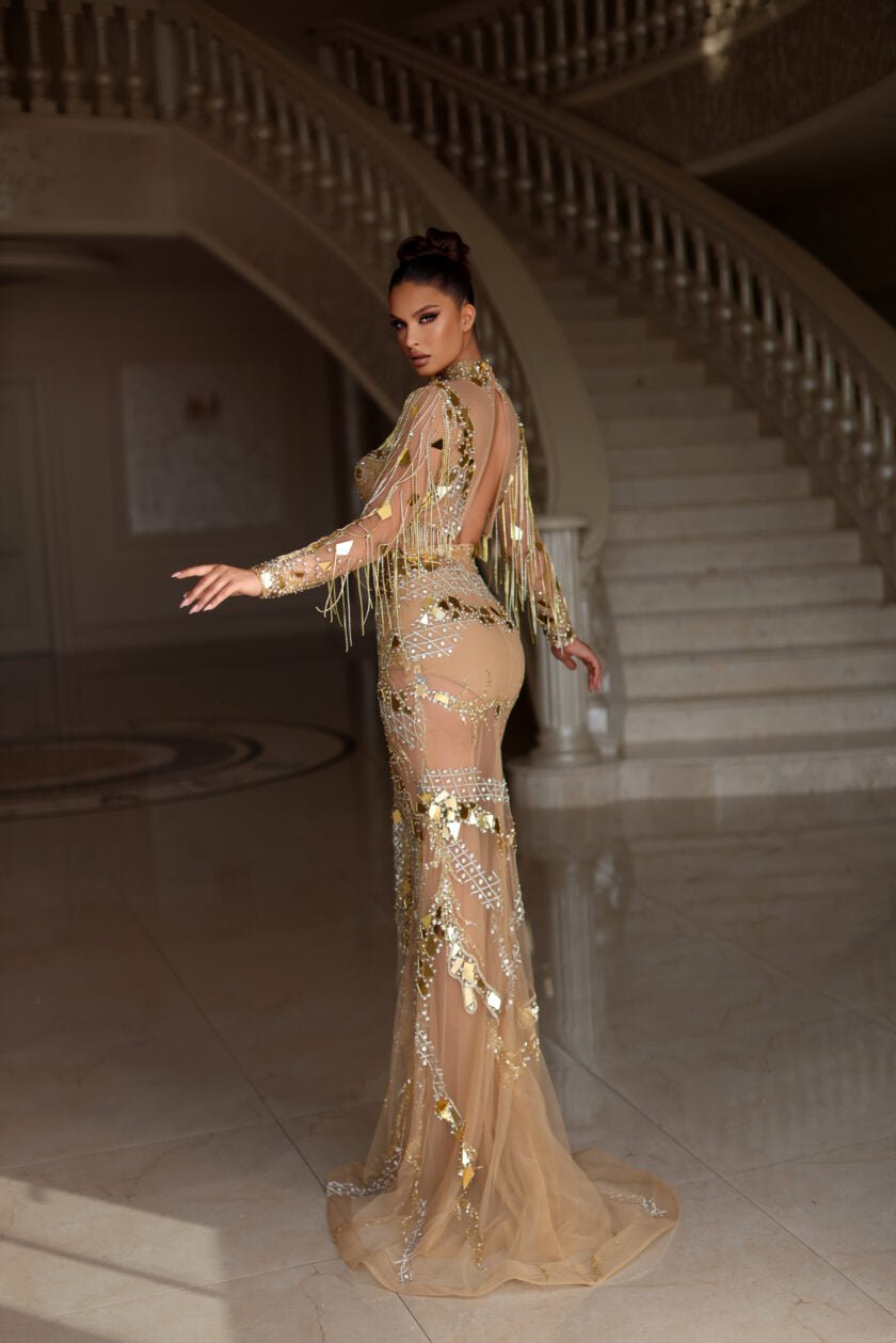 Fashionable attire: gold two piece dress