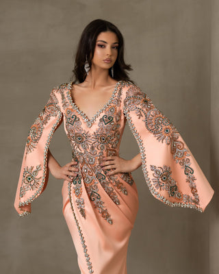 Satin dress with lace and stones, stunning cape sleeves .