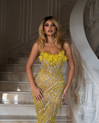 Yellow Lace Evening Gown with Crystals and Feathers