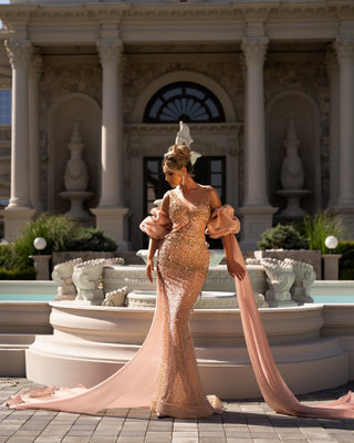 Glamorous Stone-Embellished Dress with Stunning Side Cape Detail