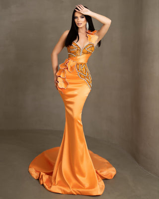 Neysa Orange Dress with Stones and Flowers