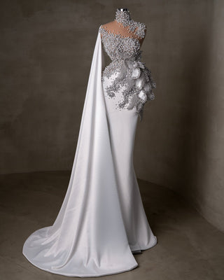 Elegant White Satin Bridal Gown with Side Cape