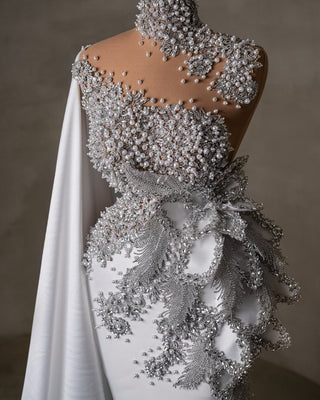 Detailed Close-Up of Bridal Dress Bodice with Pearls and Crystals