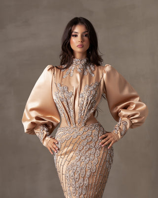 Nina Champagne Dress with Puff Sleeves