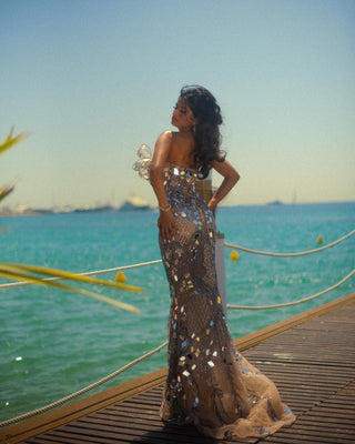 Stunning mirror-embellished dress on Nisha