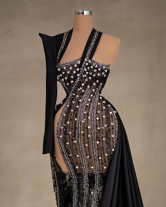 One-Shoulder Dress with Side Tail - Elegant Evening Wear