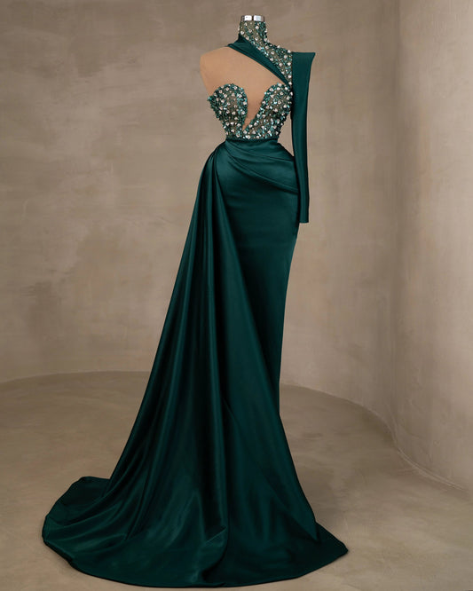One-Sleeve Green Dress - Asymmetrical Design with Side Tail