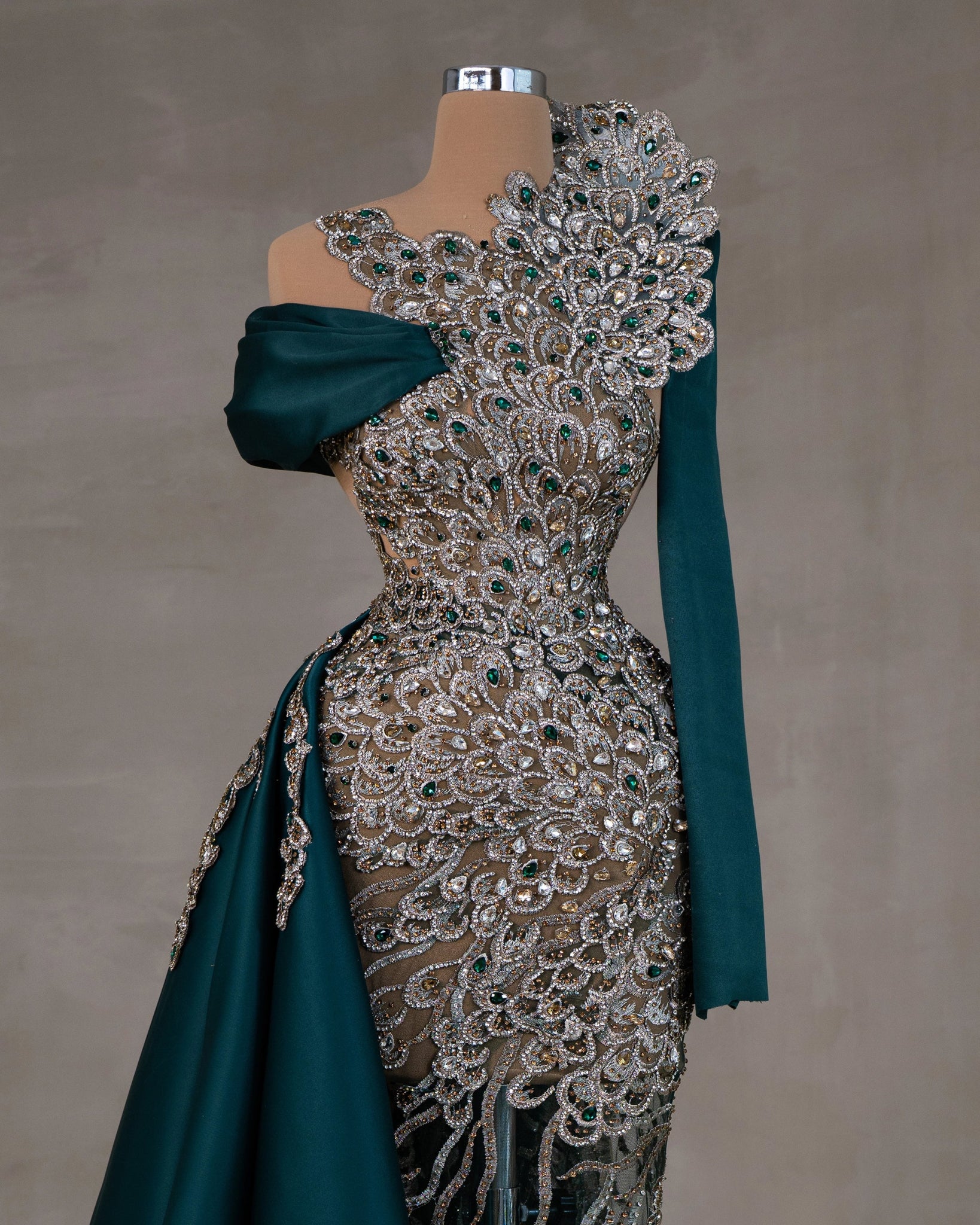 Forest Green Dress with Side Tail - Elegant Nature-inspired Attire