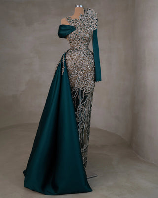 Forest Green Gown - Captivating Side Tail Dress for Special Occasions