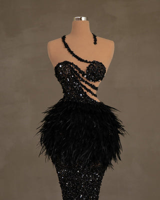 Elegant Long Black Dress - Shimmering Sequins and Feather Accents