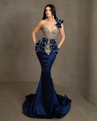 Nyssa Navy Blue Dress with Stones and Flowers
