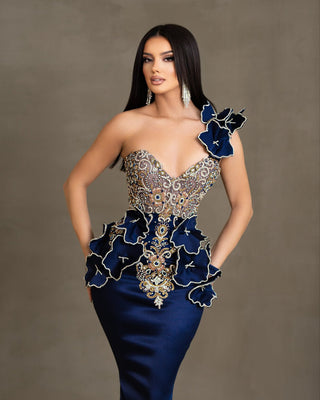 Nyssa Navy Blue Dress with Stones and Flowers