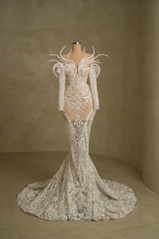 Pearl-Embellished Long Sleeve Wedding Gown: Radiant Sophistication