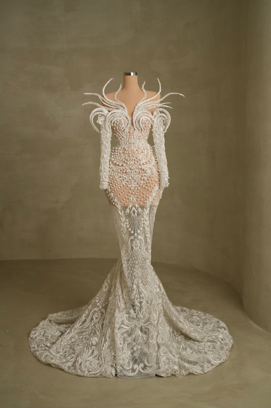 Pearl-Embellished Long Sleeve Wedding Gown: Radiant Sophistication