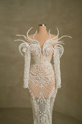 Long Sleeve Pearl-Embellished Bridal Dress: Timeless Elegance