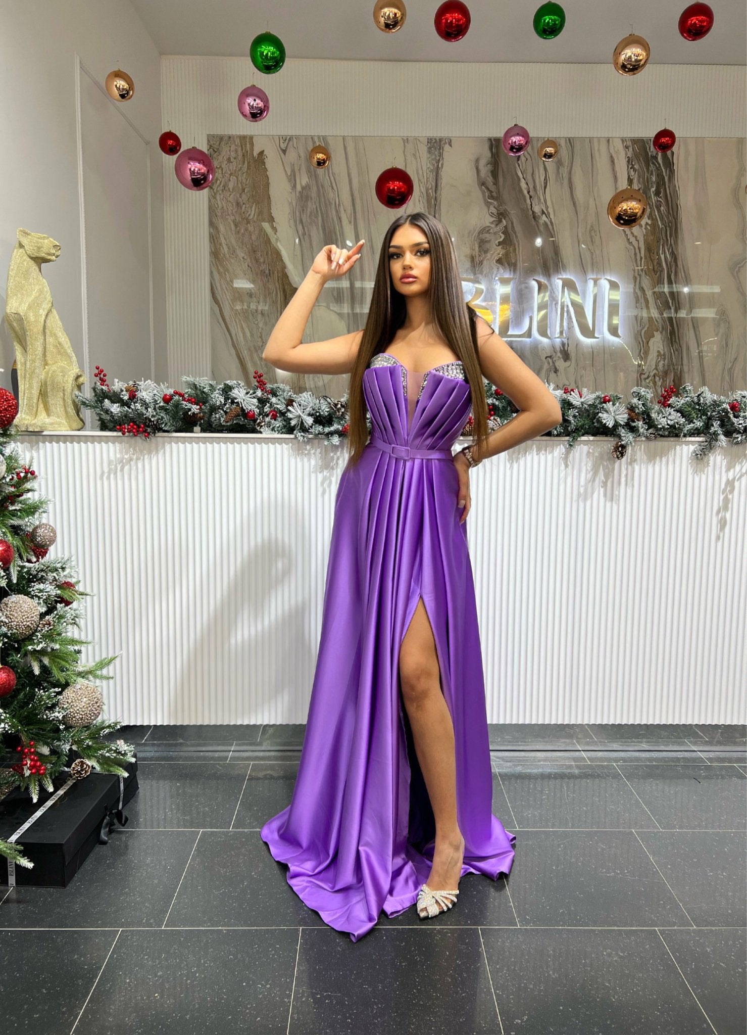 Sleeveless Purple Satin Dress featuring Deep V-Neck and Decorative Stones