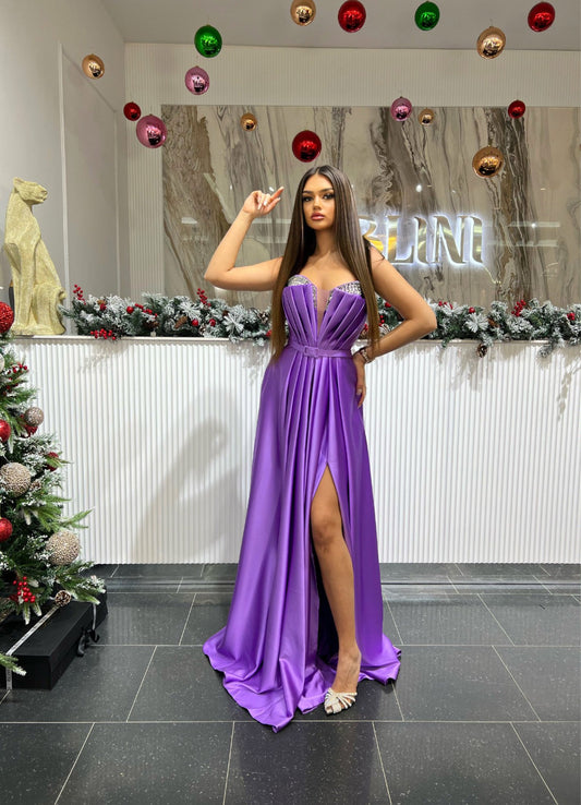 Sleeveless Purple Satin Dress featuring Deep V-Neck and Decorative Stones