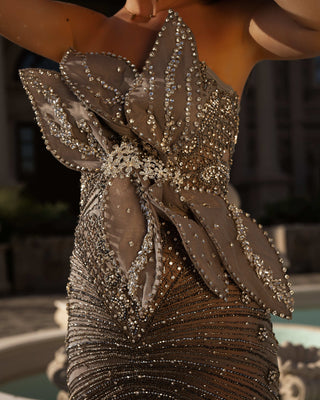 Detailed View of Strapless Dress with Intricate Stone Embellishments