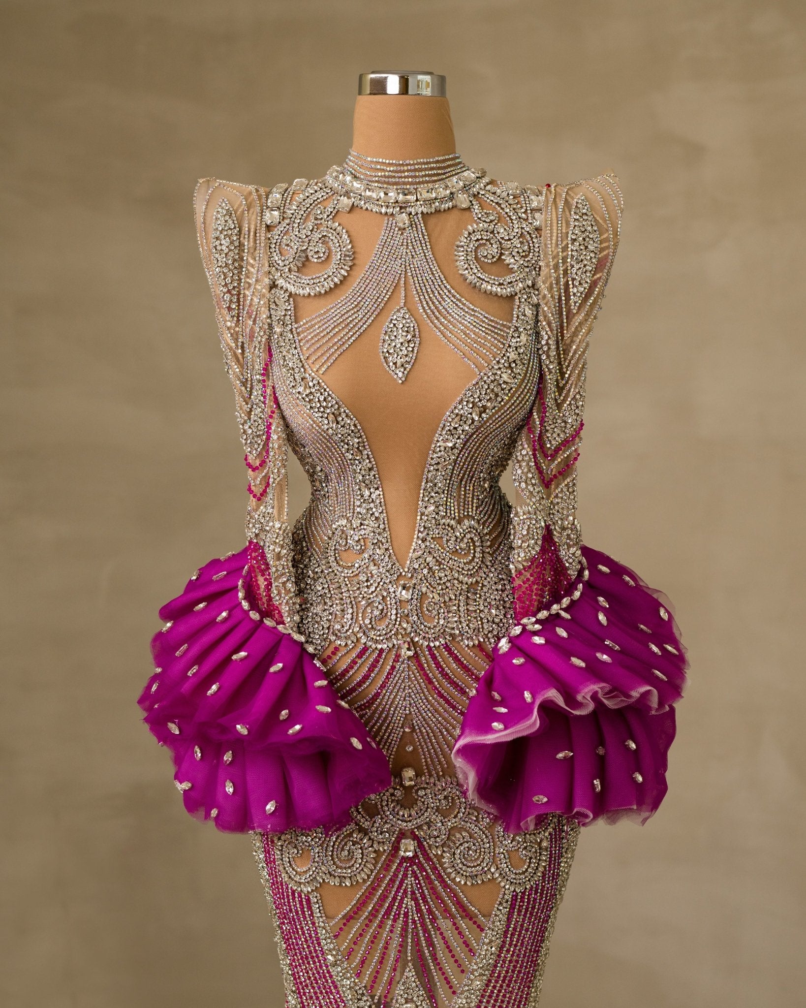 Elegant High Neck Dress Adorned with Sparkling Stone Embellishments