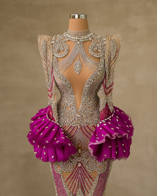 Elegant High Neck Dress Adorned with Sparkling Stone Embellishments