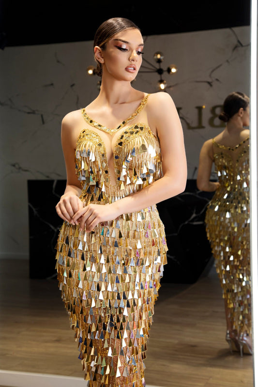 GoldLong DressLuxoriousWomen - Blini Fashion House