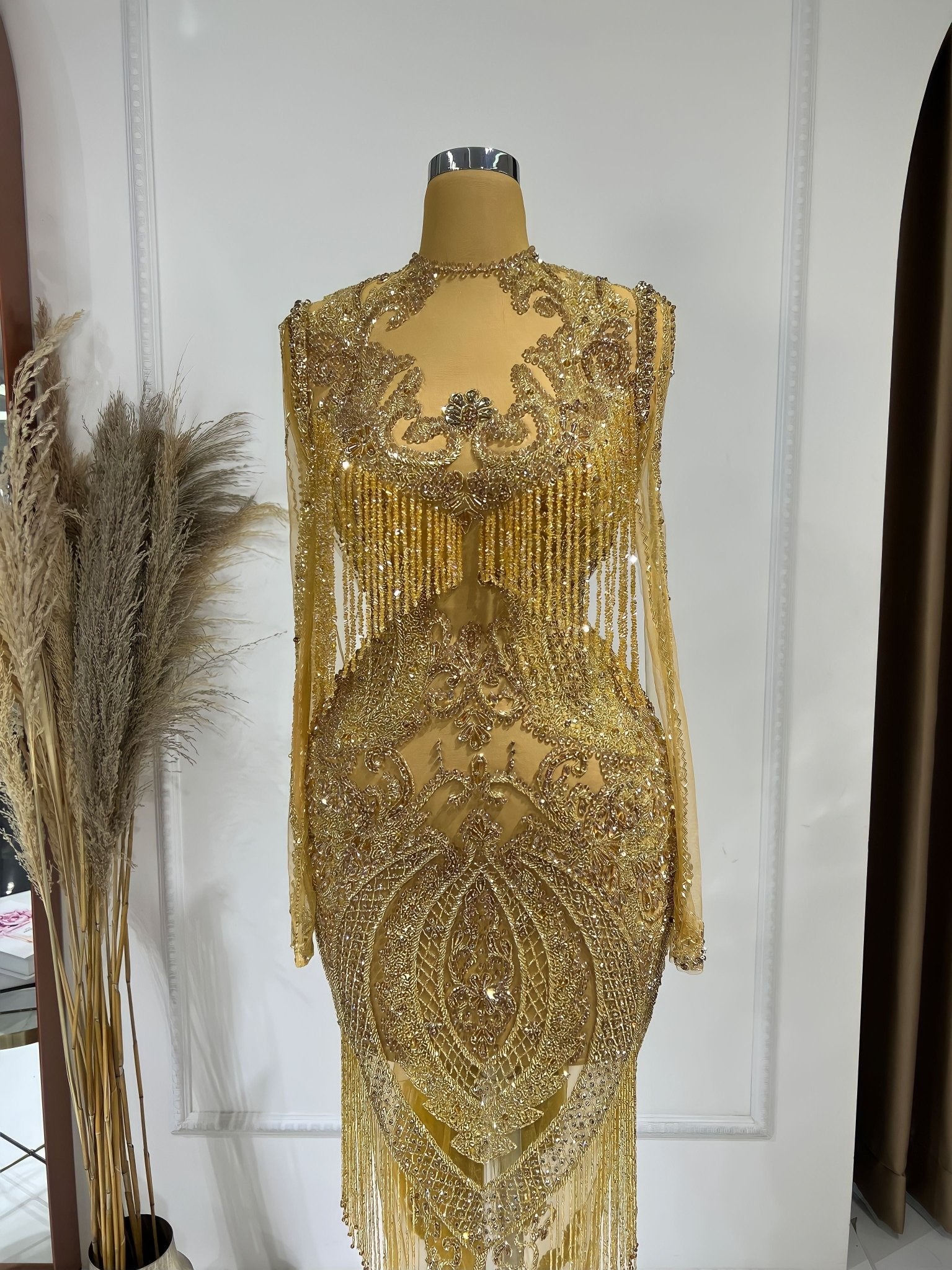 Olya Maxi-Length Dress Adorned with Gold Tassels – Blini Fashion House