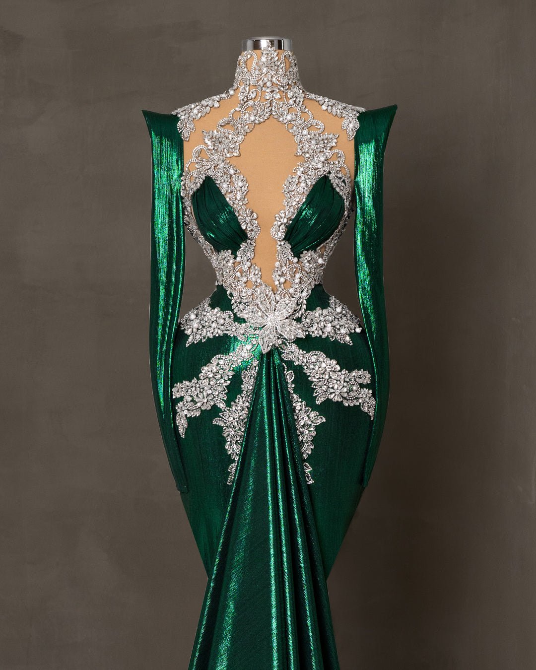 Green Dress Couture Dress with Silver Embellishments Blini Fashion House