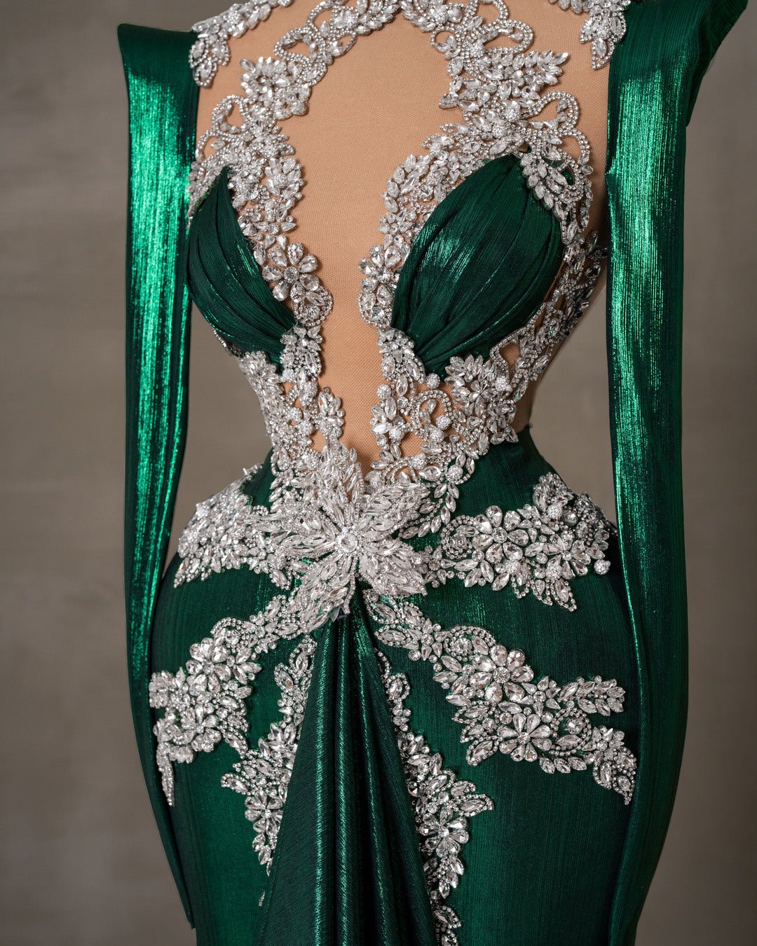 Green Dress Couture Dress with Silver Embellishments Blini Fashion House