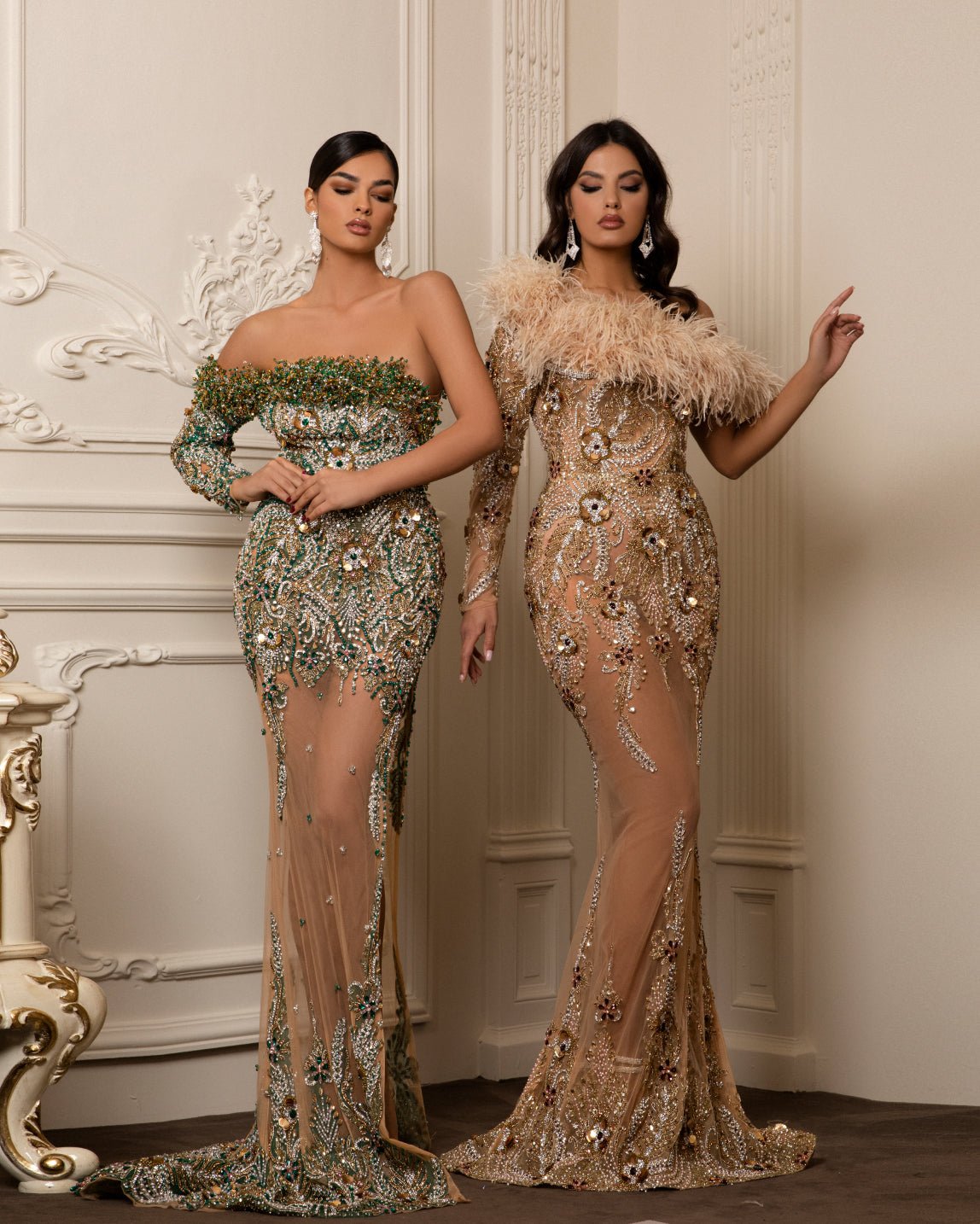 BeigeCrystalsFeathersWomen - Blini Fashion House