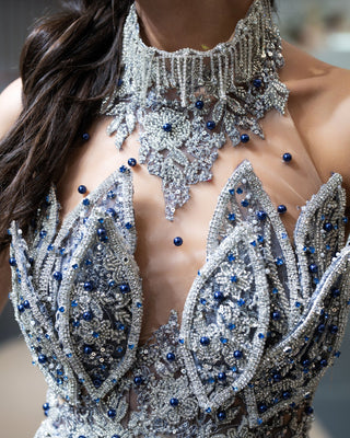 High Neckline Embellished with Blue Beads and Crystals