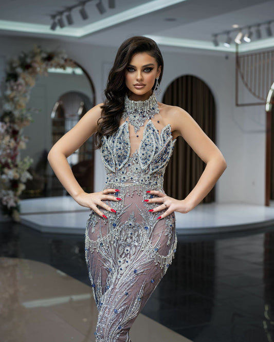 Long Luxury Lace High Neck Dress - Blue Beads and Crystals Embellished Evening Gown