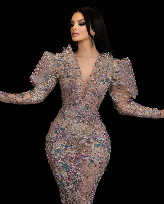 Chic puff sleeve dress with floral and bead embellishments