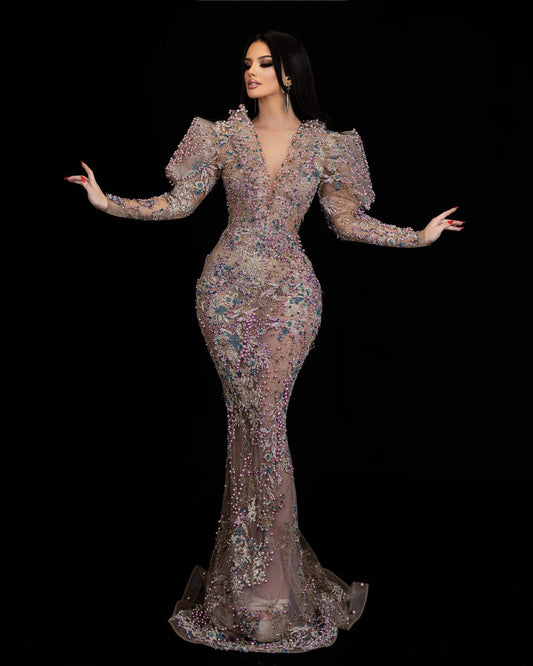 Stylish V-neck long dress with delicate puff sleeves