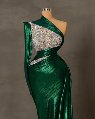 One Shoulder Dress - Green Shimmering Gown