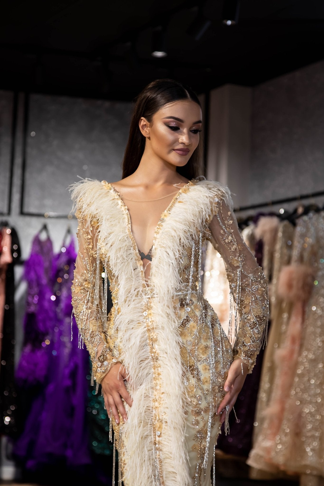 BeadsDeep SlitDeep V NecklineWomen - Blini Fashion House