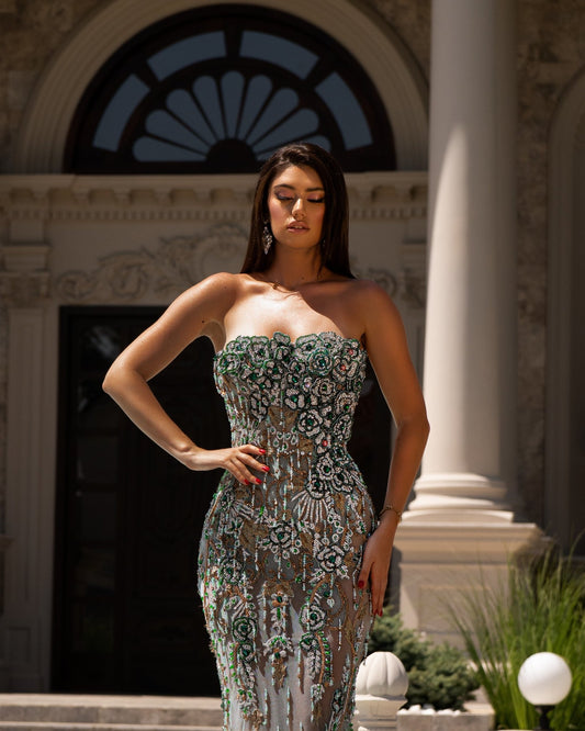 Green Sleeveless Dress with Stone Embellishments