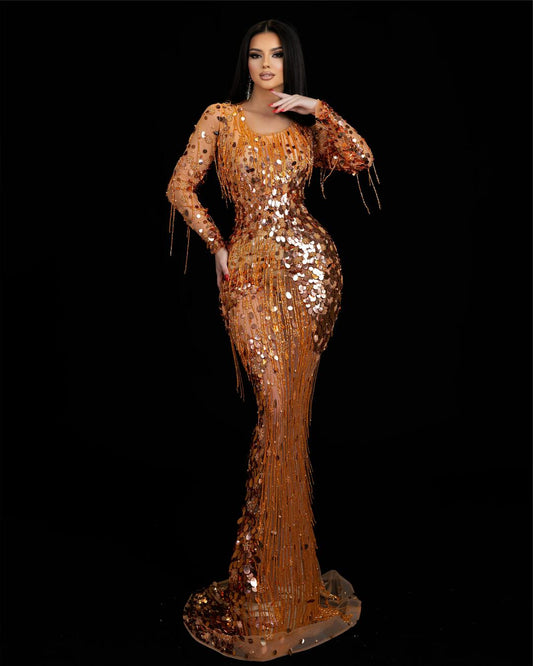 Chic Orange Evening Gown - Long Sleeve Dress