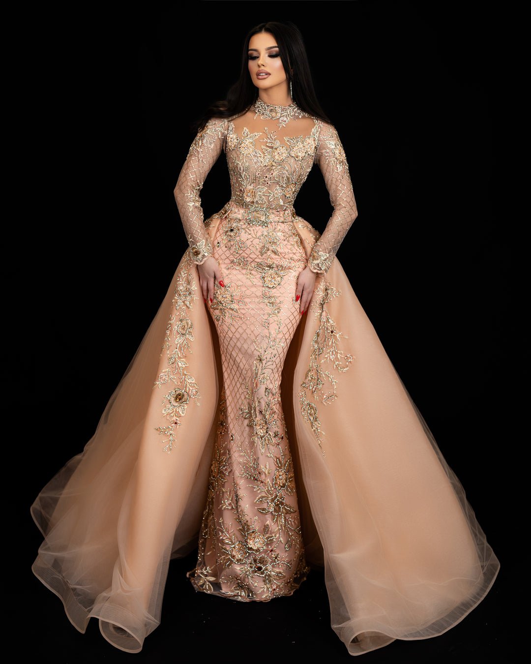 Peach-Colored Lace Gown – Long Sleeves, High Neck, and Detachable Tulle Overskirt