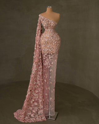 Luxury Lace Pink Dress - Beautiful Flowers and Bead Accents