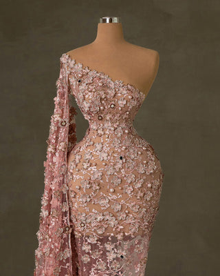 Pink Dress with Floral Embellishments - Long Gown