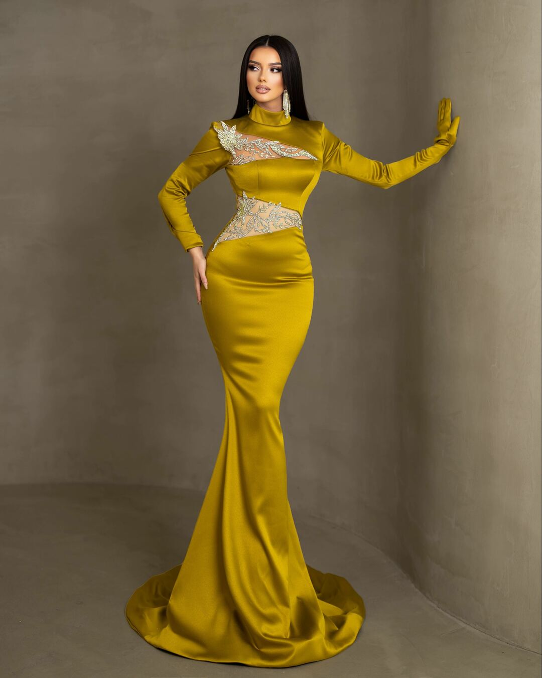 Olive Satin Dress with Stone Embellishments - Long Sleeves and High Neck