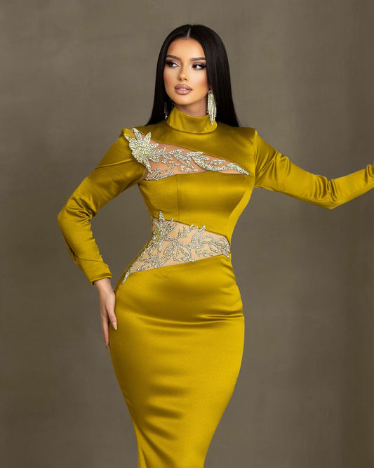 Olive Colored Satin Gown - Cutout Details and Stones for a Modern Glamorous Look