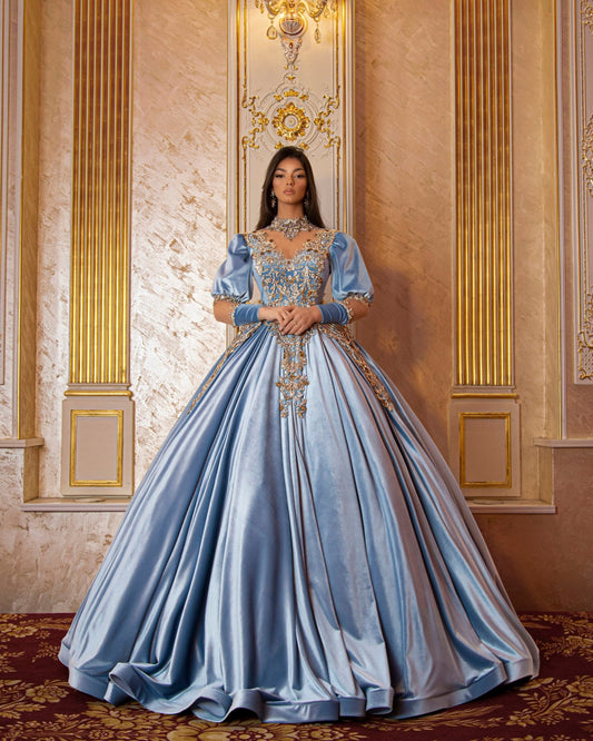 High NeckLight BlueLong DressWomen - Blini Fashion House