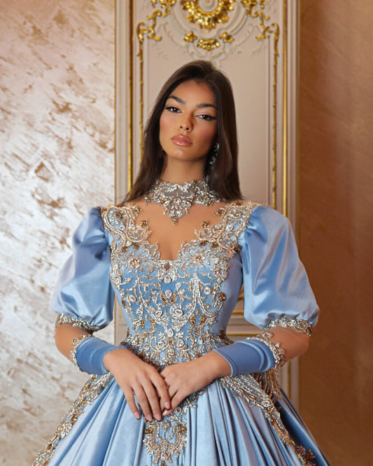 High NeckLight BlueLong DressWomen - Blini Fashion House