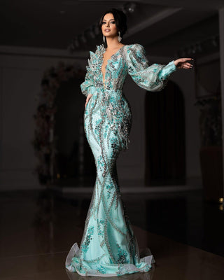 Chic Aqua Evening Gown - V-Neck Design with Stunning Stone and Crystal Accents