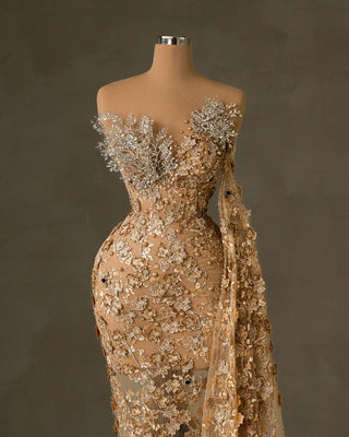 Beige Dress with Floral Lace - Timeless Gown