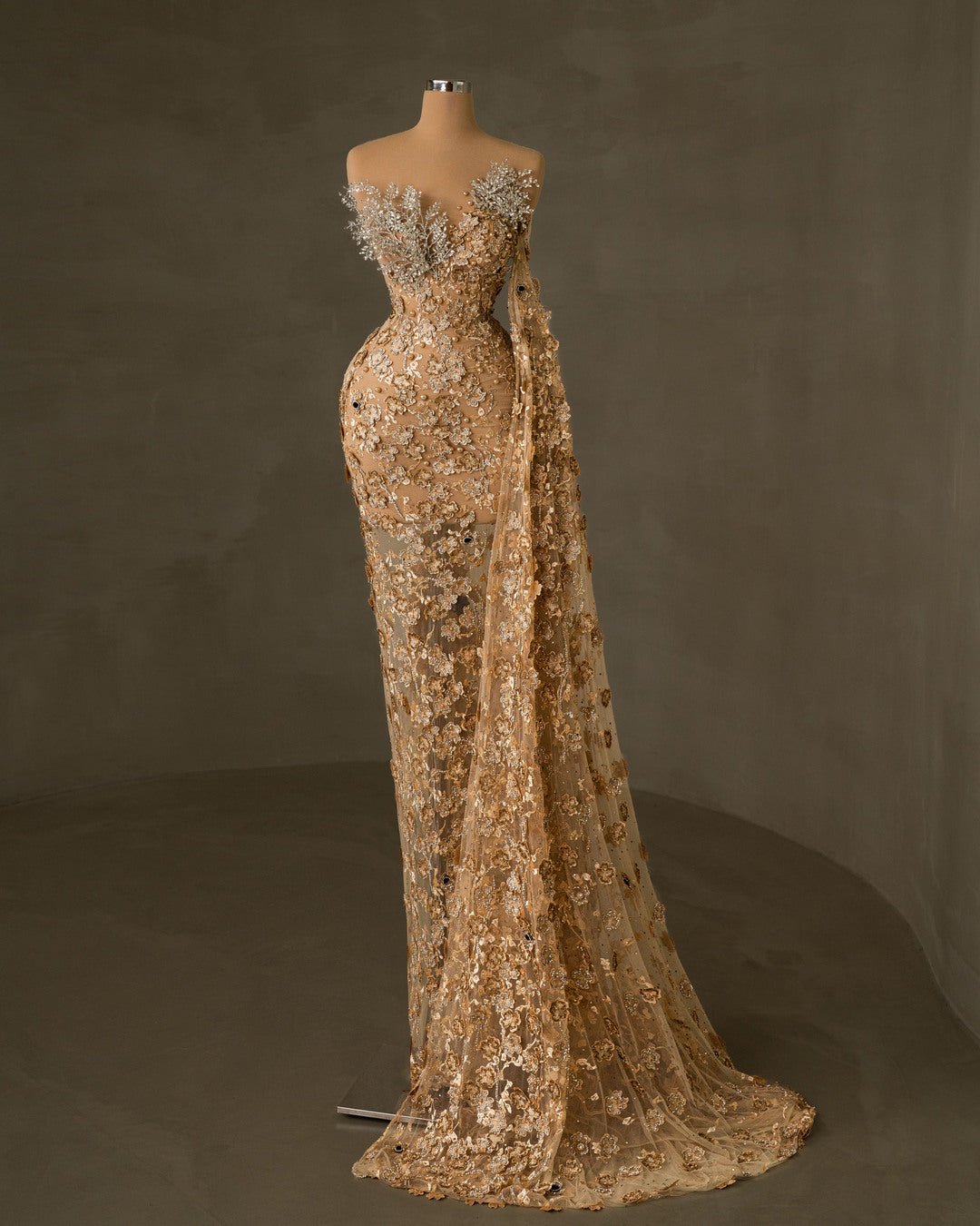 Luxury Beige Evening Dress - Exquisite Flower Details and Bead Embellishments