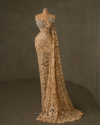 Luxury Beige Evening Dress - Exquisite Flower Details and Bead Embellishments