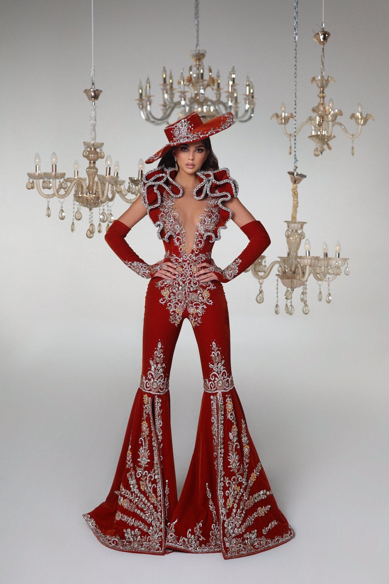Red Velvet Jumpsuit - Stand out in Style with Intricate Embellishments