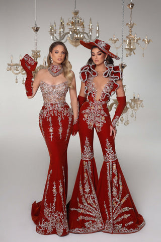Red velvet ensembles with silver embellishments